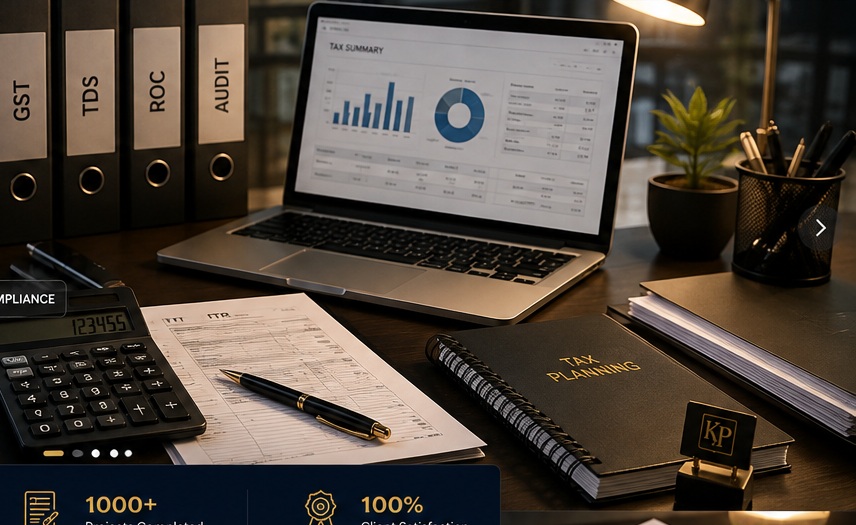 Premium tax and accounting workspace with laptop, calculator and financial files