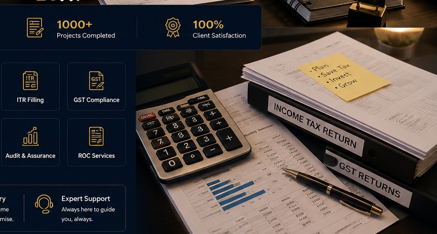 Tax documents, calculator and laptop in a premium accounting workspace